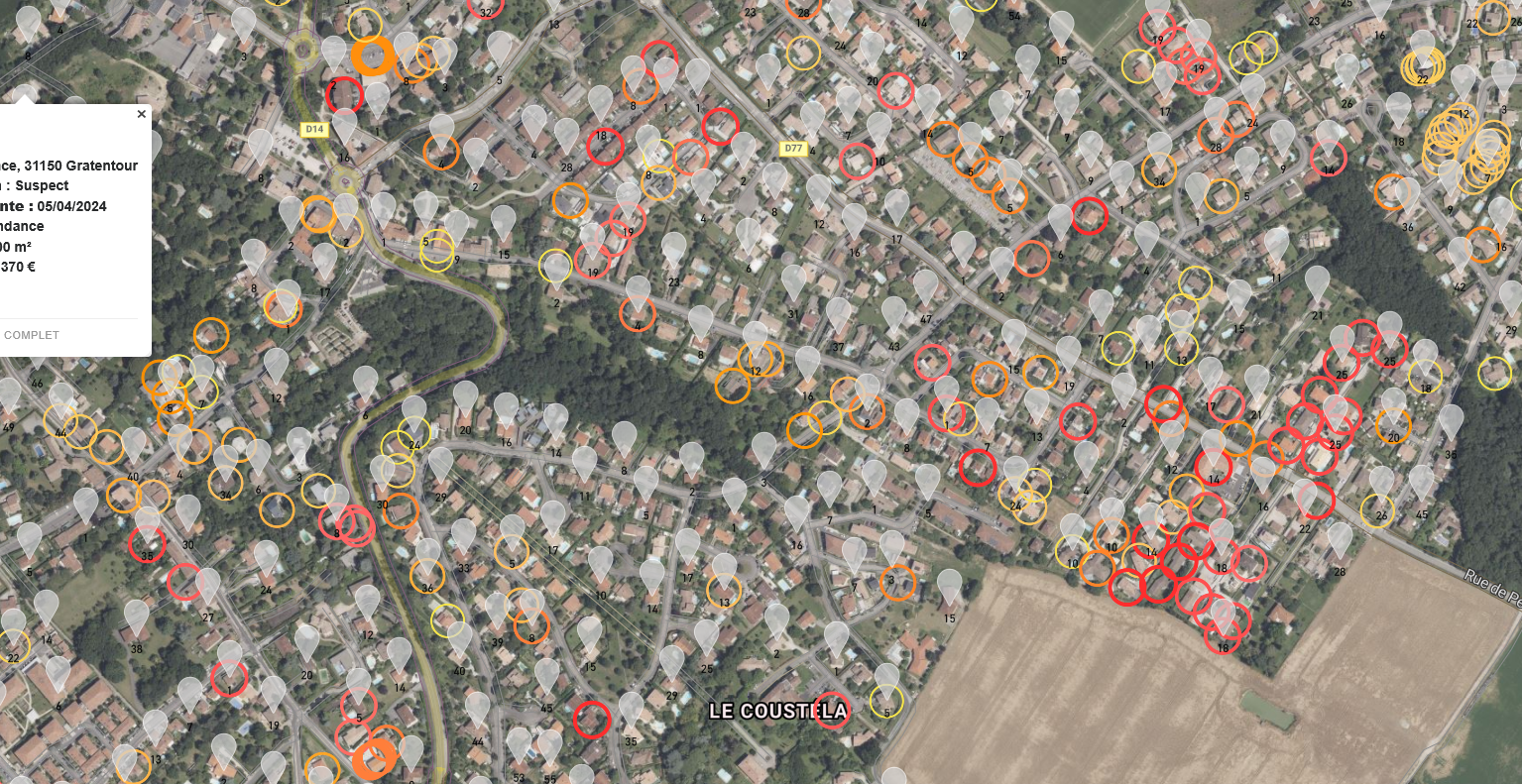 E-OPS DVF : carte de prospection avec cercles de ventes immobilières récentes