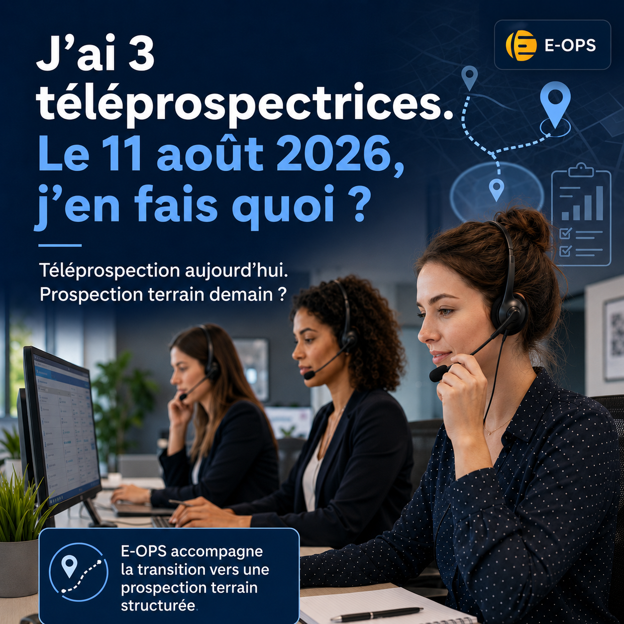 Équipe de téléprospection avec micro-casques préparant une transition vers la prospection terrain avec E-OPS