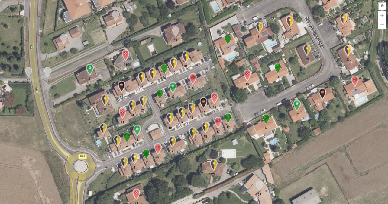 Carte E-OPS : pins colorés par statut de visite — absent, RDV, refus, contact