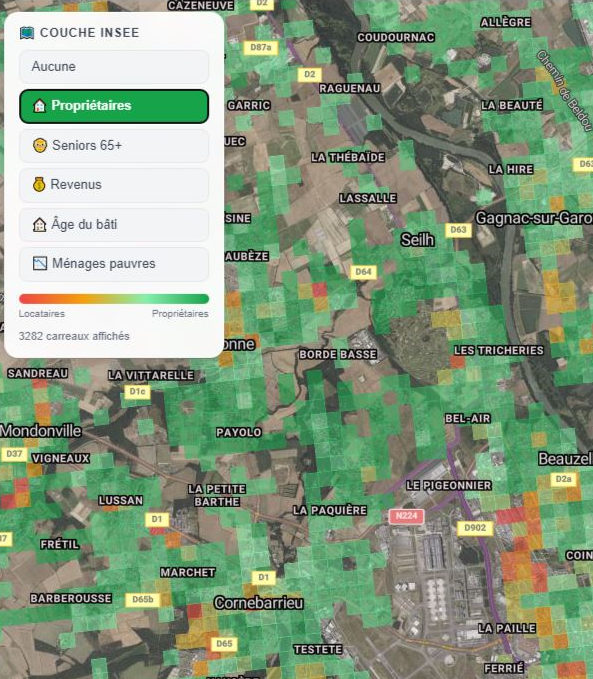 Carte E-OPS avec données INSEE Filosofi propriétaires par carreaux de 200 mètres