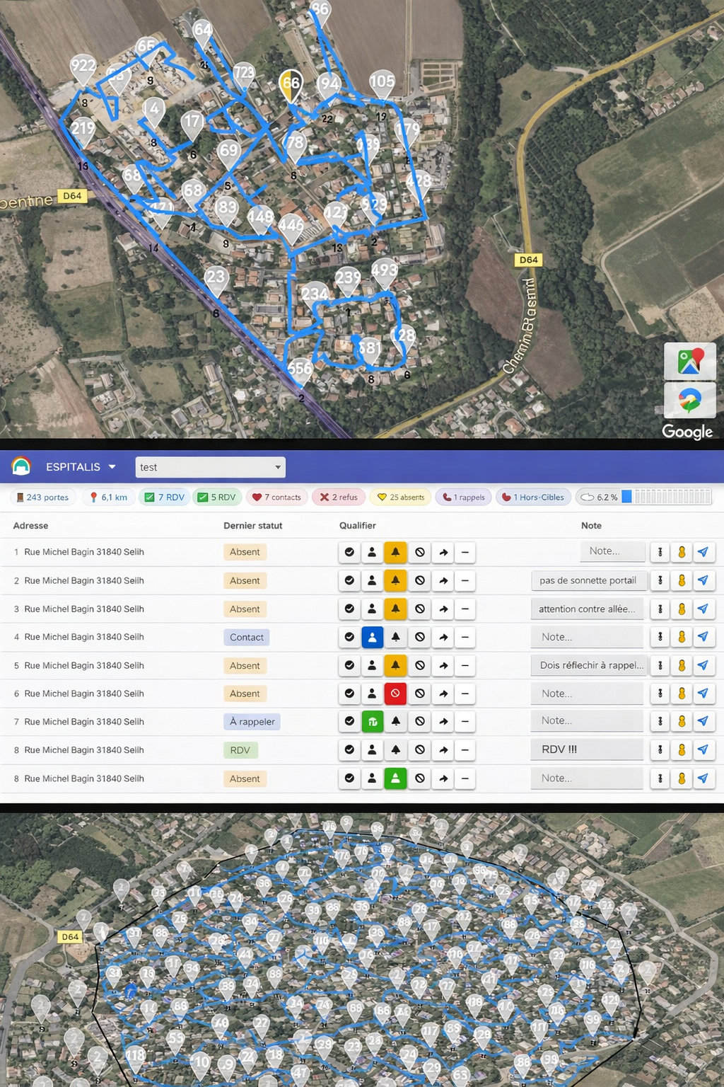 Capture de la page dédiée aux tournées de prospection dans E-OPS