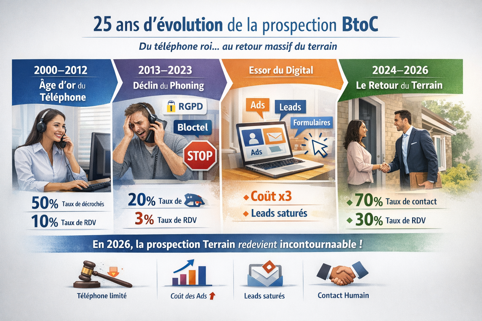 Infographie : 25 ans d’évolution de la prospection BtoC (2000–2026)